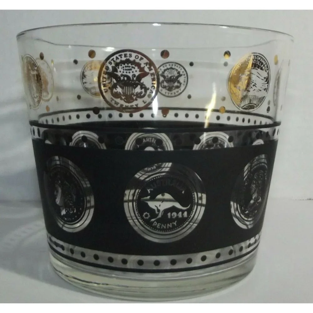 Ice Bucket Hazel Atlas MCM Vintage Black Gold World Coin Collins Glass